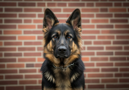 Dignified german shepherd dog portrait featuring rich black and tan fur, erect ears, and a chain collar, standing centered against a textured red brick wall.の素材