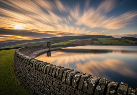 Dramatic long exposure landscape showing a reservoir with a curved stone wall in the foreground. still water perfectly reflects the streaked clouds of the vibrant sunset sky.の素材