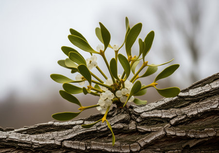 Mistletoe plant with bright green leaves and translucent white berries growing on the rough bark of a tree branch. symbol of christmas and winter holidays.の素材