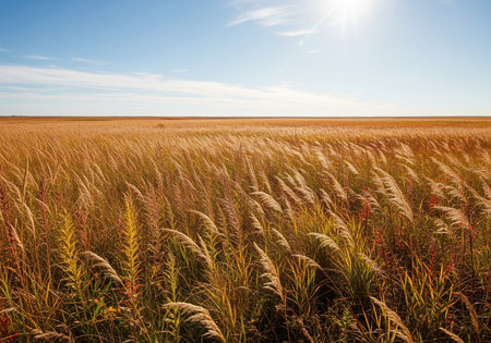 Vast field of tall, golden prairie grasses stretching to the horizon under a clear blue sky. bright sunlight creates a warm, natural landscape scene.の素材