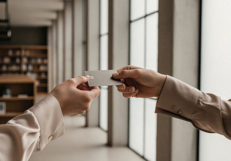 Two hands exchanging a metallic silver payment card during a financial or business transaction in a bright, modern interior. concepts of service, access, and banking.の素材