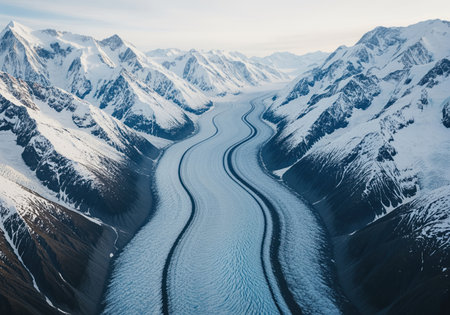 Massive winding glacier flowing through a deep valley, flanked by towering, snow capped mountains. the aerial perspective highlights the vast scale, ice texture, and geological features, symbolizing climate change and wilderness.の素材