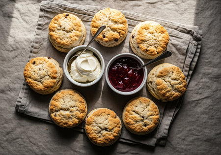 Homemade golden scones arranged in a circle around bowls of white clotted cream and dark red berry jam, presented on a gray linen napkin. perfect for afternoon tea concepts.の素材