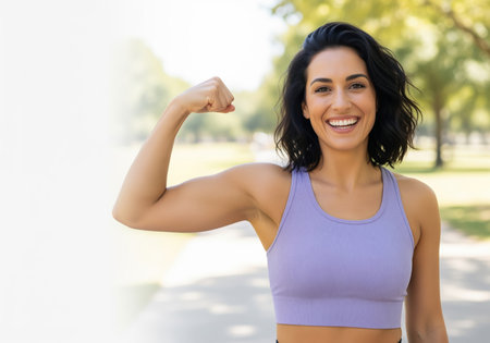 Confident young woman flexing her strong bicep muscle and smiling brightly outdoors in a sunny park. symbolizes strength, fitness, empowerment, and healthy lifestyle.の素材