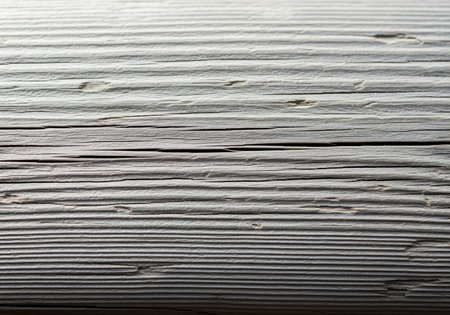 Pale bleached driftwood plank texture featuring fine, parallel wood grain lines and weathered cracks. ideal rustic background or surface design element.の素材