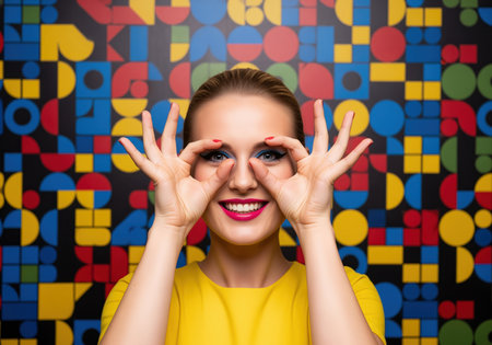 Smiling woman in a bright yellow top making a playful hand gesture over her eyes, standing against a vibrant, colorful geometric pop art background. expresses energy and fun.の素材