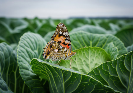 Painted lady butterfly vanessa cardui with patterned wings firmly settled on a textured, vibrant green cabbage leaf in a large agricultural field under a cloudy sky.の素材