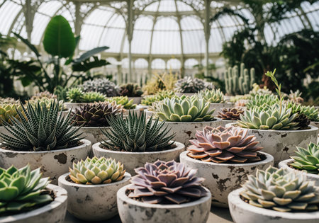 Variety of colorful succulent plants, including echeveria and haworthia, potted in distressed concrete containers inside a bright, ornate glass conservatory. botanical garden display.の素材
