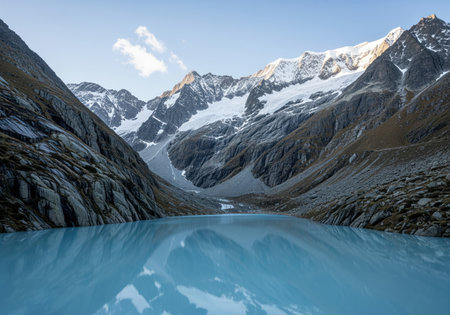 Turquoise glacial lake nestled in a rugged alpine valley, reflecting steep, rocky slopes and snow capped mountains under a clear sky. represents wilderness, high altitude, and climate change effects.の素材