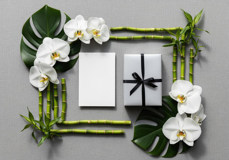 Artful flat lay composition featuring white phalaenopsis orchids, green bamboo stalks forming a frame, a dark green monstera leaf, a silver gift box with a black ribbon, and a blank white card mockup centered on a textured grey surface.の素材