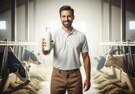Smiling professional farmer holding a glass bottle of fresh milk, standing confidently inside a bright, clean dairy barn with cows and goats visible in the background. represents quality, agriculture, and healthy food production.の素材