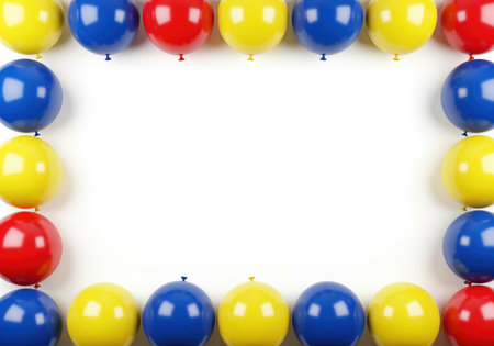 Glossy red, blue, and yellow balloons arranged in a rectangular frame border on a white background, providing ample copy space for text or design elements. ideal for party invitations or celebration graphics.の素材