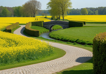 Cobblestone path curves between manicured green hedges and vibrant yellow rapeseed fields under a bright spring sky, leading to an arched stone bridge over a small creek.の素材