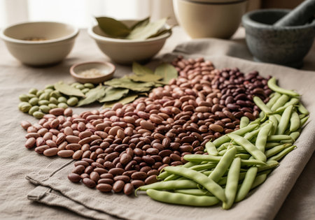 Various dried kidney beans, fresh green beans, green peas, and bay leaves displayed on a rustic linen cloth, surrounded by cooking bowls and a mortar and pestle. ingredients for healthy, vegetarian cuisine preparation.の素材