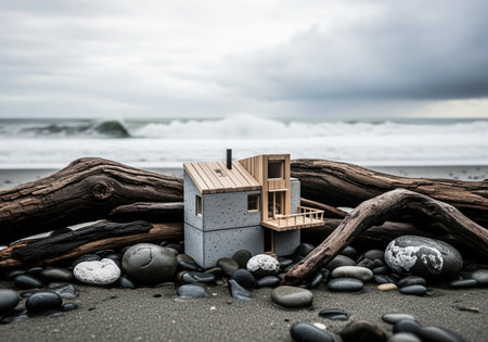 Miniature modern house model featuring concrete and timber elements, set on a dark, rocky beach with large driftwood pieces and crashing ocean waves under a cloudy sky.の素材