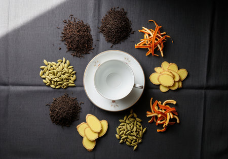 Ingredients for making spiced chai tea, including loose black tea, fresh ginger slices, cardamom pods, and citrus zest, surrounding an empty teacup.の素材