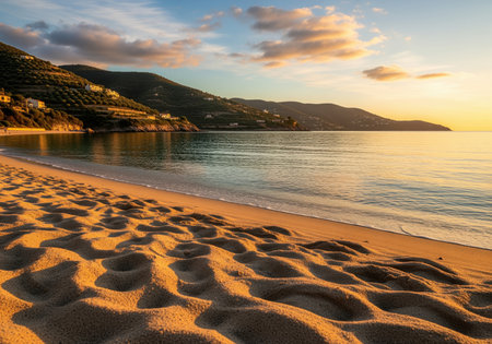 Scenic mediterranean beach during golden hour. detailed sand in the foreground, calm turquoise sea, and lush terraced hillsides with coastal villas in the background.の素材