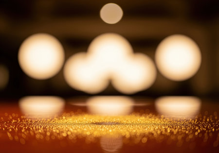 Golden glitter particles scattered on a reflective surface in the foreground. soft, warm, out of focus bokeh lights dominate the dark background, creating a luxurious and festive abstract setting.の素材