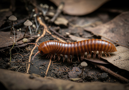 Large brown millipede diplopoda moving slowly across the damp forest ground, surrounded by exposed roots, decaying leaf litter, and small white mushrooms.の素材