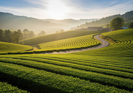 Lush green tea plantation fields covering rolling hills, featuring a winding asphalt road and a farm building in the distance, bathed in soft golden sunlight and morning mist.の素材