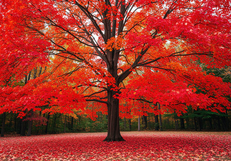 Majestic maple tree displaying vibrant red and orange autumn foliage. the thick trunk stands tall amidst a forest setting, with the ground completely covered in a blanket of fallen red leaves, symbolizing the beauty of the fall season.の素材