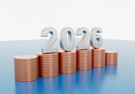 Silver metallic numbers 2026 resting on stacks of shiny copper coins arranged in a rising graph pattern, symbolizing future financial success, investment, and economic growth for the new year.の素材