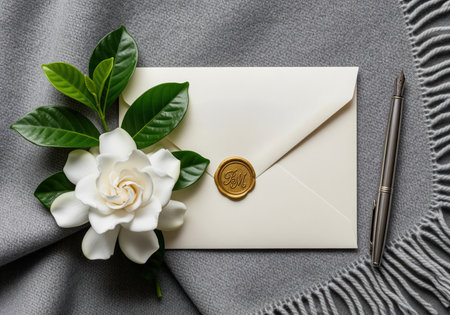 Cream envelope sealed with a gold monogram wax seal, accompanied by a fresh white gardenia flower and a silver fountain pen, arranged on a gray textile surface. perfect for wedding invitations or luxury correspondence concepts.の素材