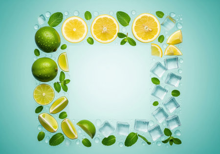 Square frame border made of fresh lime, lemon, mint, ice cubes, and water droplets on a bright turquoise background, providing central copy space for summer beverage promotion.の素材