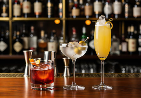 Three elegant craft cocktails	âa dark red negroni, a clear martini with olives, and a vibrant yellow fizz	âdisplayed on a polished wooden bar counter in a sophisticated, dimly lit setting.の素材