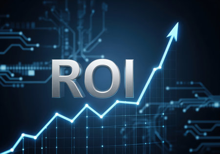 3D metallic text ROI return on investment displayed over a glowing blue line graph indicating significant upward financial growth and business success on a dark digital background.の素材