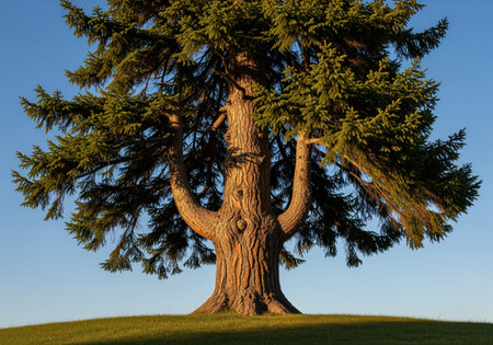 Majestic spruce tree with a thick, textured trunk standing on a grassy knoll. illuminated by warm golden hour light against a clear blue sky. symbolizes strength, nature, and growth.の素材