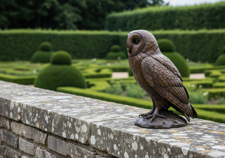 Detailed bronze sculpture of a barn owl perched on a weathered stone wall. the background features a classic, manicured formal garden with precise topiary hedges.の素材