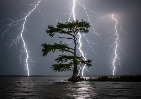 Multiple powerful lightning strikes illuminate a lone cypress tree standing resiliently in dark water during a severe nighttime thunderstorm. extreme weather and natural power concept.の素材