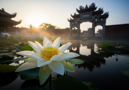 White lotus flower blooming in a misty pond at dawn. the background features traditional asian temple architecture and a sunburst, symbolizing purity and spirituality.の素材