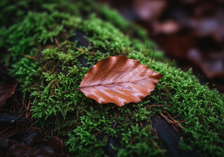 Single copper beech leaf lying on lush green moss covering a forest floor log, captured in high detail. the wet brown leaf contrasts sharply with the vibrant emerald moss, symbolizing nature, decay, and seasonal change.の素材