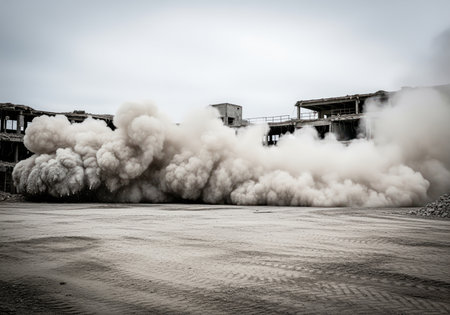 Huge gray dust cloud billowing outward across a demolition site during the controlled destruction of a large, abandoned industrial building under a cloudy sky.の素材