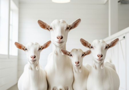 Family of four white dairy goats, including one adult and three kids, standing close together and looking forward in a bright, clean, high key modern barn interior.の素材