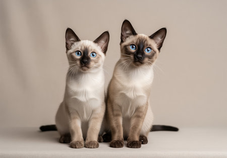 Two elegant siamese kittens sitting side by side in a professional studio setting. they feature classic pointed coloring, cream fur, and piercing blue eyes, posed against a neutral beige background.の素材