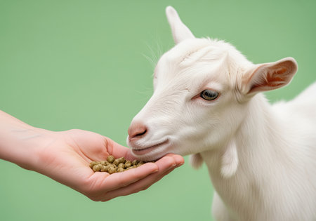 White baby goat kid feeding on nutrient pellets offered by a human hand. close up studio shot emphasizing animal care, nutrition, and farming concepts against a clean green background.の素材