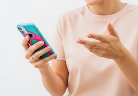 Woman holding a bright teal and pink smartphone in one hand while using the other hand to gesture during a conversation or explanation. focus on mobile communication and technology use.の素材
