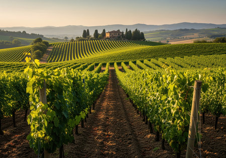Lush green rows of grapevines stretch across undulating hillsides in the tuscan countryside, featuring a traditional farmhouse under warm golden hour light.の素材