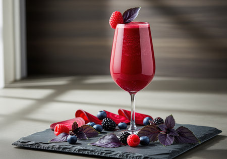 Vibrant ruby red beet and berry smoothie served in a wine glass, garnished with raspberry and purple basil. styled with fresh blueberries, blackberries, and beet slices on a dark slate board. focuses on health, nutrition, and gourmet presentation.の素材