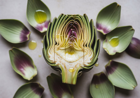 Artichoke heart sliced in half, showing the internal structure and texture, seasoned with olive oil drops, and arranged with detached green leaves on a neutral background.の素材
