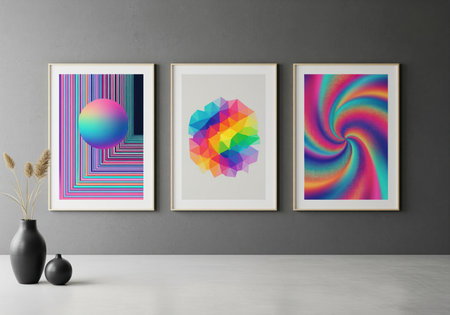 Three colorful abstract art prints displayed in white frames on a dark gray wall in a modern interior setting, featuring geometric shapes, lines, and vibrant gradients.の素材