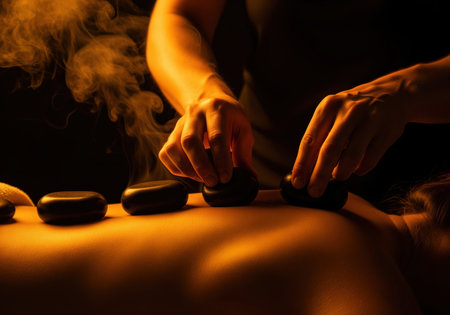 Hot stone massage therapy session captured in dramatic low light. hands placing smooth, warm stones on a woman back, highlighted by golden light and rising steam, symbolizing relaxation and wellness.の素材