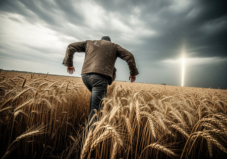 Man running urgently through a vast golden wheat field under a dramatic, dark storm sky. a powerful vertical beam of light descends from the heavy clouds, suggesting mystery, struggle, and urgency.の素材