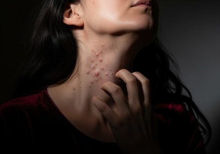 Close up of a woman suffering from severe acne and skin irritation on her neck, scratching the inflamed area. focus on dermatology, discomfort, and skin health issues.の素材