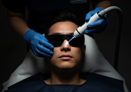 Man wearing dark protective goggles undergoing professional laser skin treatment performed by a medical specialist in blue gloves. focus on technology and dermatology.の素材