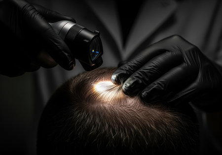 Professional trichologist in black gloves examining a man scalp with a dermatoscope. focused light highlights hair follicles for diagnosis of hair loss and skin condition.の素材