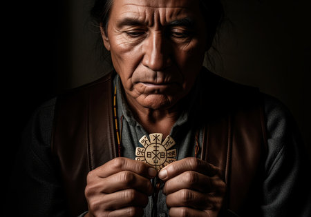 Elder man with a weathered face looking down thoughtfully, holding a circular carved amulet or pendant featuring symbolic runes. dramatic low key lighting emphasizes tradition and spirituality.の素材